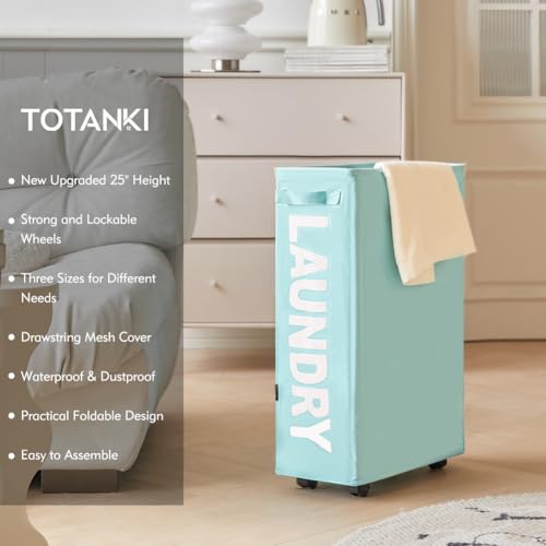 TOTANKI 25" Rolling Slim Laundry Basket on Wheels, Foldable Laundry Hamper with Handle, Collapsible Laundry Sorter and Organizer, Tall Storage Basket Bin (Light Blue) - Image 3