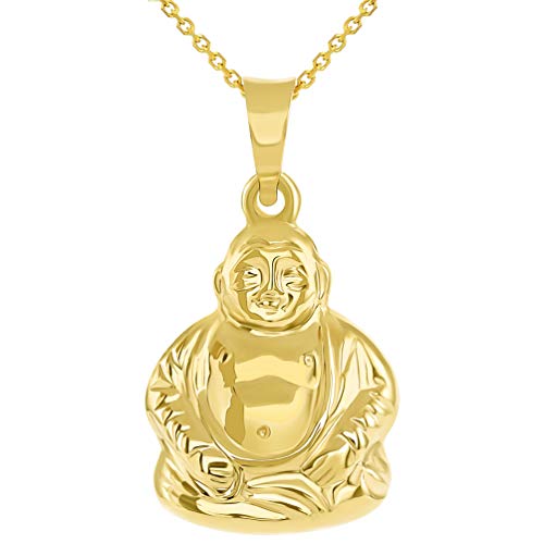 14k Yellow Gold 3D Meditating Buddha Religious Charm Pendant Necklace