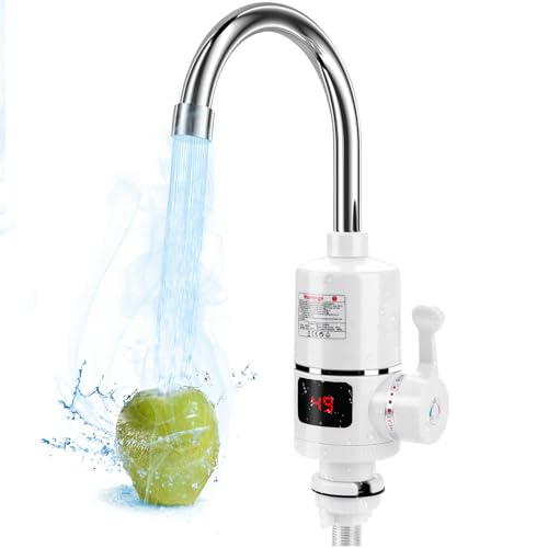 Grifo Agua Caliente Instantanea, 220V Grifo Calentador de Agua con Pantalla LCD, Agua Caliente Caravana, 360°Calentador de Agua Instantaneo para Cocina, Bañ,Camper [Clase de eficiencia energética A]