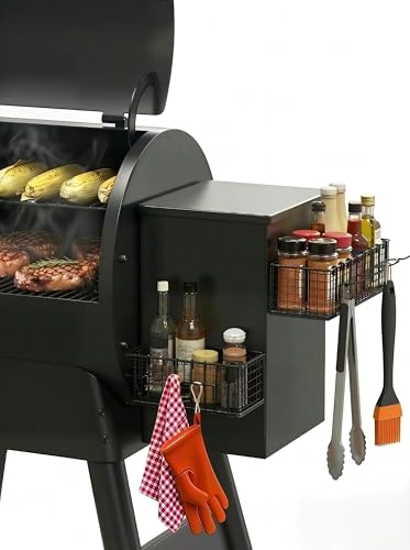 JovvMivi 2 Pack Magnetic Storage Bin & Grill Basket for Traeger Accessories, Pellet Grill Hopper Side Organizer with Hooks for Ironwood 650, 885, Pro 575, Pro 780, Pro 22, Pro 34, Pit Boss, Z Grills
