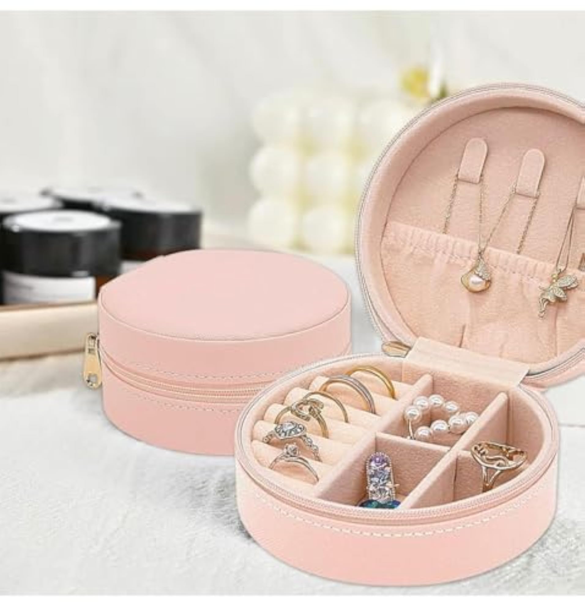 Mini Portable Travel Jewellery Box PU Leather Pink