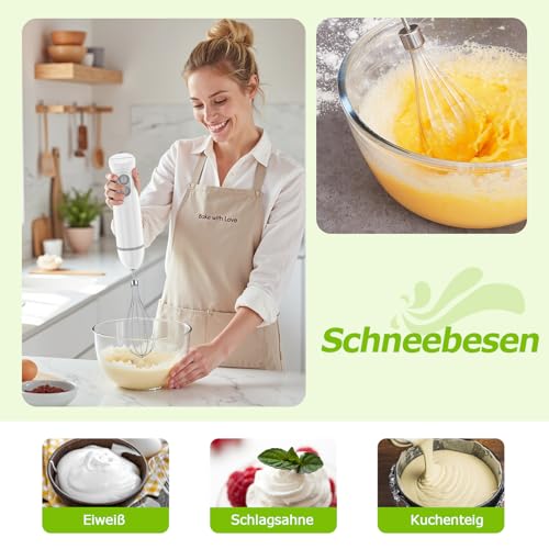Bonsenkitchen Pürierstab, 1000W Edelstahl Elektrischer Stabmixer, 2 Geschwindigkeitsstufen, Stabmixer Set，mit Lebensmittelhacker, Messbecher und Schneebesen, für Babynahrung, Suppen, Smoothies, Weiß