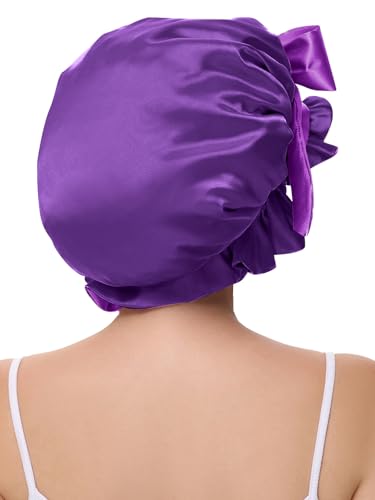 Vettres Cute Adjustable Silk Bonnet for Sleeping Double Layer Satin Cap Hair Sleep Bonnet for Curly Hair Purple — view 4