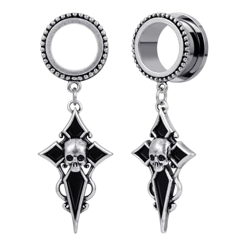 POBAISITER 2PCS Gauge Dangle Earrings Stainless Steel Ear Dangle Gauges Hand Bone Skeleton Halloween Daily Personalized Ear Dangle Tunnels and Plugs Screw Fit Expander Stretcher For Women Men Body Piercing Jewelry