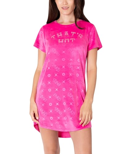Paris Hilton Velour Crew Neck Shirttail Hem Rhinestone Nightshirt, Hot Pink THAT'S HOT, M