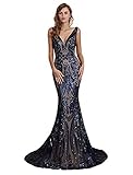 Shining Sequins Mermaid Dresses Evening 2019 V Neck Long Prom Formal Gowns US6 Navy Blue