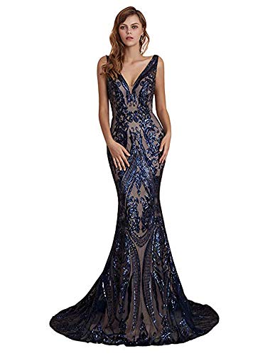 Shining Sequins Mermaid Dresses Evening 2019 V Neck Long Prom Formal Gowns Us6 Navy Blue #TOP3