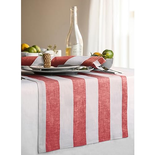 Solino Home Linen Striped Table Runner 108 Inches Long - Cabana Stripe 100% Pure Linen Red and White Dining Table Runner 14 x 108 Inch for 4th of July by Solino Home - Image 2