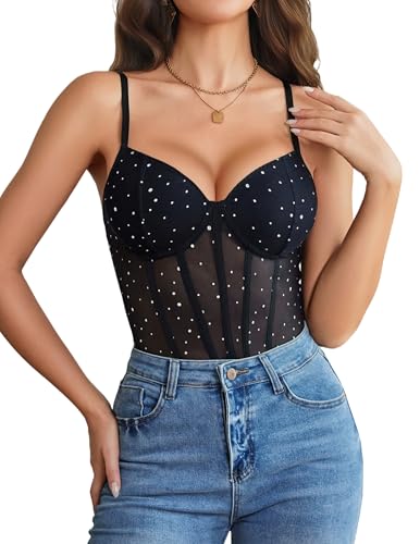 Avidlove Black Bodysuit Sheer Thong Body Suits Mesh One Piece Sparkle Leotard Shirt Going Out Tops Concert Outfits