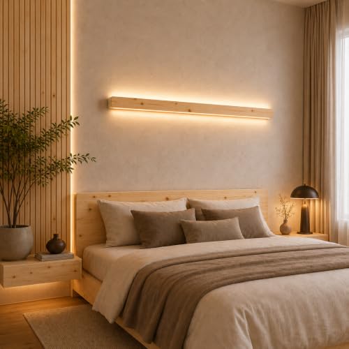 Image of EMON Premium Wooden LED Wall Light Bar 100cm | Modern Warm White Wooden Wall Lamp | Minimalist Decorative Light for Bedroom, Living Room, Staircase & Hotel Decor