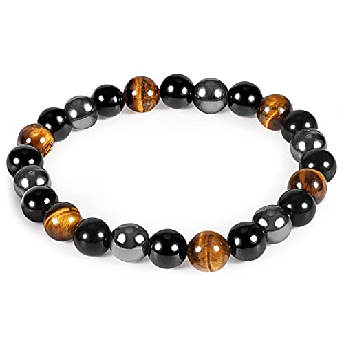 Denchy Triple Protection Bracelet, Tigers Eye - Black Obsidian and Hematite Beaded Bracelets for Men Women, Tourmaline Spiritual Natural Crystal Stone Luck Bracelet, Birthday Mother's Day Gift
