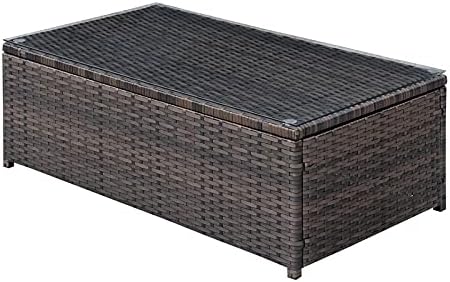 Outdoor Patio Glass Top Coffee Table in Brown and Beige