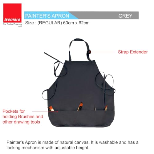 Image of Isomars Painter's Apron - Grey Canvas Art Apron for Artists, Painters, Students & Crafters - Size: Regular - 23.5 inch x 24.5 inch