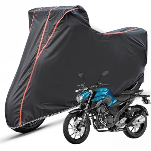 Image of Two Wheelers Bike Body Cover Compatible for Yamaha FZ25, UV Resistant, Dustproof, Triple Stitched, Elastic Bottom, Red Piping Motorcycle Cover (Black, Pack of 1)