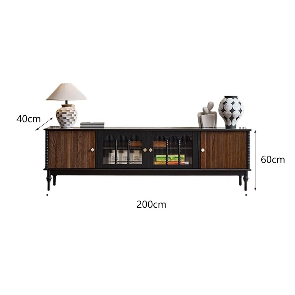 Mobile TV 200cm Console Nera Legno Massello, Hub Intrattenimento Vintage Casa, Mobile Deposito per Alberghi & Spazi Aziendali Console multimediale