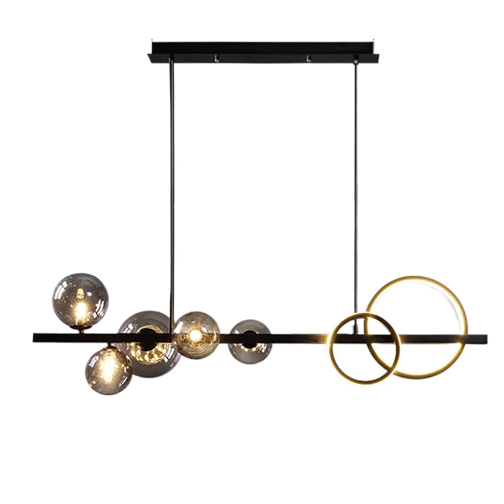 SWEMOPP Linear Pendant Light Mid Century Modern Glass Ball Linear Chandelier 5 Light Black Farmhouse Long Strip Ceiling Hanging Lamp for Dining Room Kitchen Island, Smoke Gray Clear Milk Amber Glass