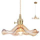 Loiogohot Glass Pendant Light Vintage Light Fixtures,Amber Modern Chandelier Pendant,E26 8.8' Adjustable Hanging Light,Flower Pendant Lights Kitchen Island for Farmhouse Entryway Dining Room 1 Light