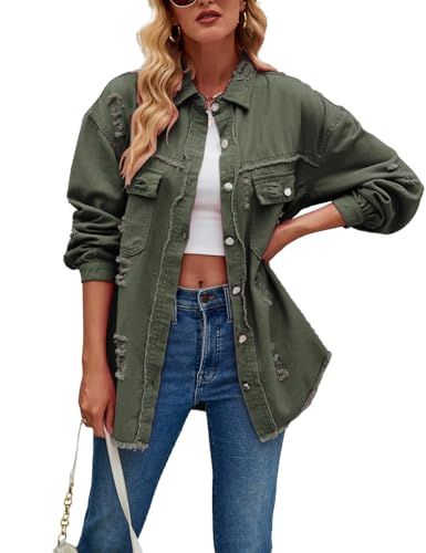 Image of Sukany Women's Loose Vintage Distressed Denim Jacket Casual Button Down Lapel Long Sleeved Retro Denim Jean Shirt Coat Army Green XL