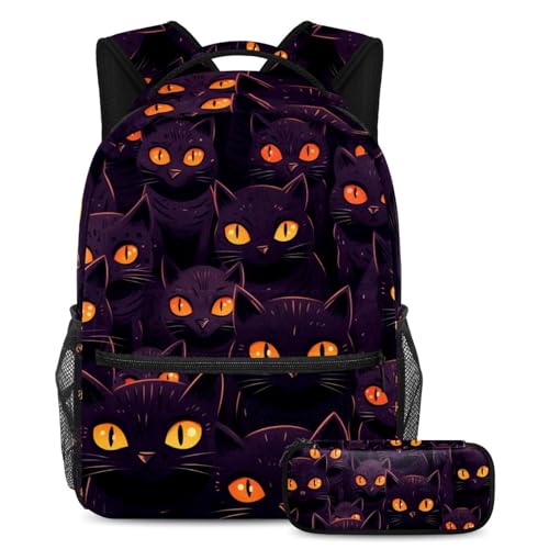 Trousse et sac à dos scolaire chat noir d'Halloween grand format pour ranger les cahiers A4