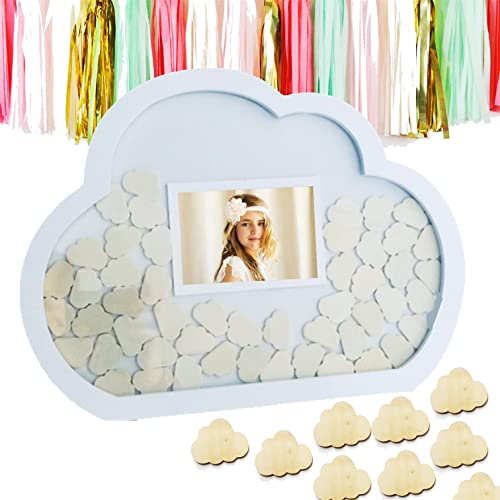 Libro de visitas. con Foto. Marco de Madera. 50 Nubes para Firmar. Libro de firmas. Regalo de Boda, comunión, Bautizo, cumpleaños y Aniversario Cover