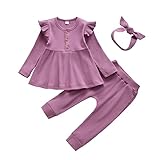 3-teiliges Set---Rüschen Top, einfarbige Hose, Schleife Stirnband für Mädchen von 9 Monaten bis 3 Jahre alt.