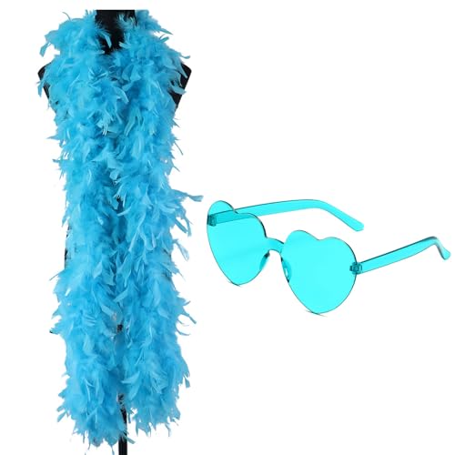 JNGTKL Feather Boa 2m Blue Feather Boa And Heart Rimless Sunglasses Delicate Feather Scarf Suitable For Dance Performances Weddings Carnival Celebrations Feather Bower