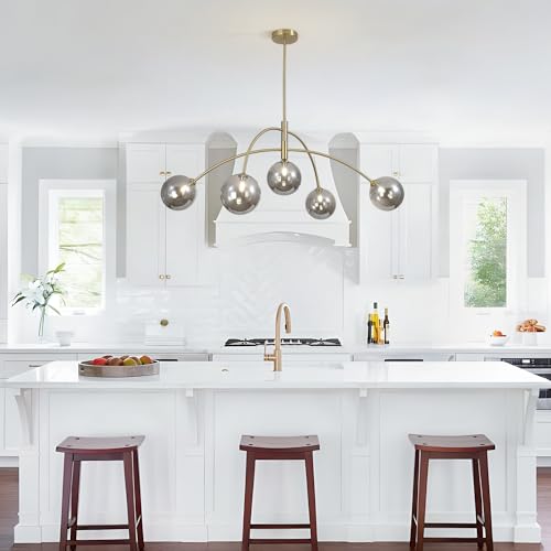 Image of Modern Gold Chandelier 5 Light Smoke Gray Semi Flush Mount Chandelier Vintage Industrial Ceiling Light Dining Room Chandelier for Kitchen Bedroom Hallway