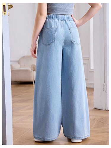 WDIRARA Girl's Elastic Waist Baggy Jeans Casual Wide Leg Denim Pants with Pockets3