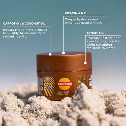 Image of Carroten Shimmer Tanning Gel | Travel Size Tan Accelerator & Body Bronzer | Non-Greasy Water-Resistant with Carrot & Coconut Oil | Vitamin A&E for Moisture & Hydration | TSA Approved | 1.7oz + Spatula
