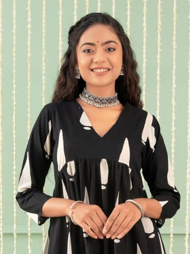Shienzy Cotton Blend Teardrop Motif Anarkali Women's Kurtas & Kurtis (1612_1654-L_Black_L)