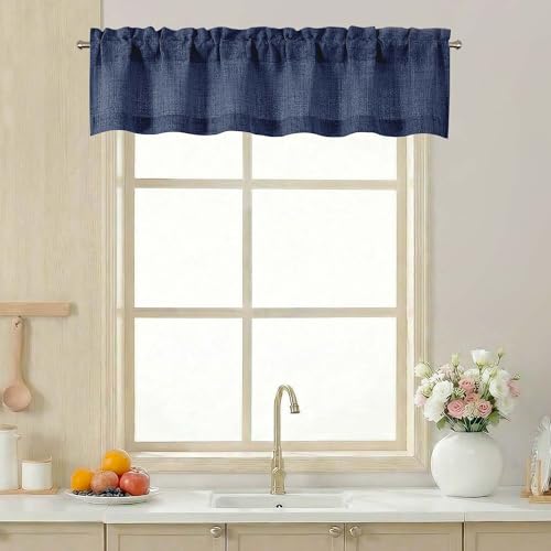 LIVEKID Navy Blue Valance for Windows - Light Filtering Faux Linen Textured Small Short Valance Kitchen Curtain Rod Pocket Top Short Window Curtain for Bathroom Basement Farmhouse 1 Piece 52Wx12L