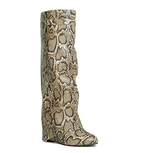 Image of Knee High Boots Womens Wedge High Heels Shark Boots Fold Over Pull-on Pointed Toe Tall Fashion Boots for Women