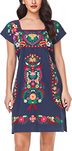 Image of YZXDORWJ Women Mexican Embroidered Dress Ruffle Collar Sleeveless