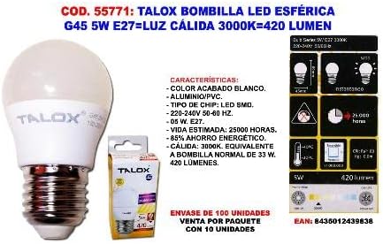 TALOX bombilla led esferica g45 5w e27 l.calida 3000k 420 lumen (caja 10 unidade