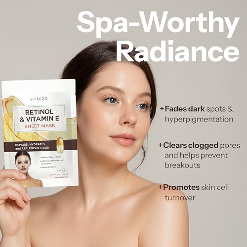 Image of Skin 2.0 Retinol & Vitamin E Sheet Mask - Anti-Aging, Acne Scar & Hyperpigmentation - Hydrating, Dermatologist Tested Korean Skincare - Clean Beauty, Cruelty-Free, All Skin Types - 5 Masks