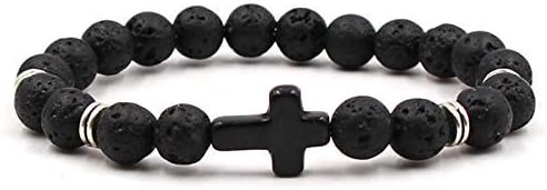 Softones 4PCS Cross Beads Bracelet for Men Women 8mm Healing Lava Stone Stretch Bracelets,7.5" - Image 7