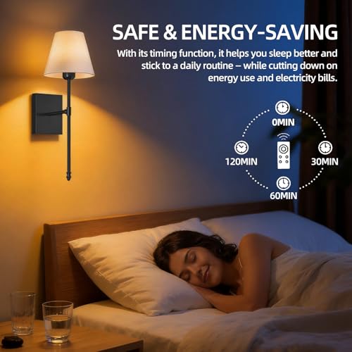 Image of Rechargeable Battery Operated Wall Sconces Set of 2, Black Wireless Fabric Shade Wall Sconce with Remote Control, Dimmable RGB Color Changing Wall Lamp for Bedroom Living Room Hallway, 20.47 inch Tall