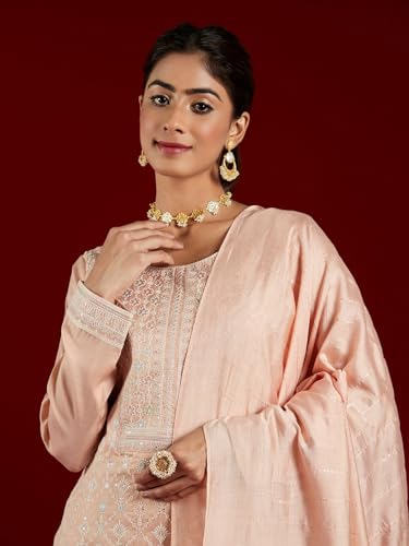 Image of Libas ART Womens Embroidered Silk Blend Straight Kurta With Trousers and Dupatta | ethnic wear | bridal suit | wedding dress | occasion wear