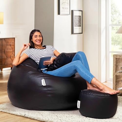 Image of Amazon Brand - Solimo 4XL Premium Faux Leather Bean Bag with Footstool & Cushion Combo for Living Room | Bean Bag Filled with Beans | Capacity Upto 6'5 inch Height & 125 Kg Weight | (Black)