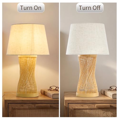 Image of Boho Table Lamp, 17 inch Bamboo Bedside Lamp for Living Room | Farmhouse Nightstand Lamp for Bedrooms, End Tables, Home Decor, Handwoven rattan Base, Linen Shade, E26 Socket