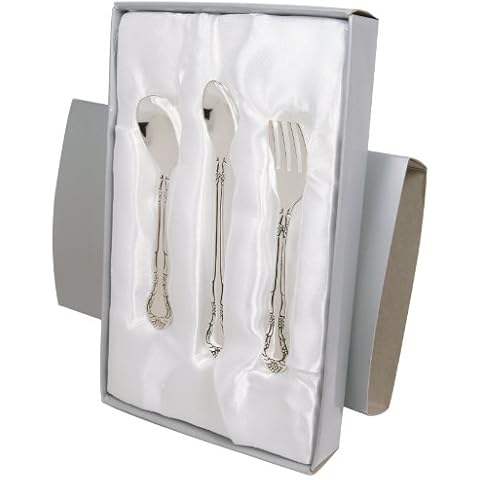 Stephan Baby Keepsake 3 Piece Silver Plated Feeding Set in Satin-Lined Gift Box Cover