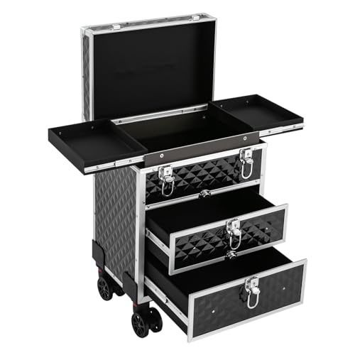 CRYBY Rolling Makeup Case, 3-Tier Makeup Travel Case Makeup Storage Organizer with 2 Sliding Drawers & 4 Universal Wheels, 66lbs Capacity Makeup Trolley Professional Salon Barber Case Cosmetology Case
