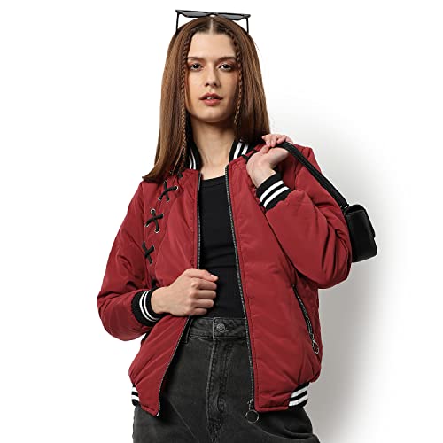 Image of Campus Sutra Women Red Puffer Regular Fit Bomber Jacket For Winter Wear | Low-Cut Standing Collar | Full Sleeve | Zipper | Casual Jacket For Woman & Girl | Western Stylish Jacket For Women