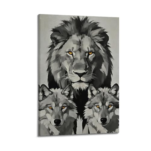 Toile lion et loups noirs et blancs pour salon moderne
