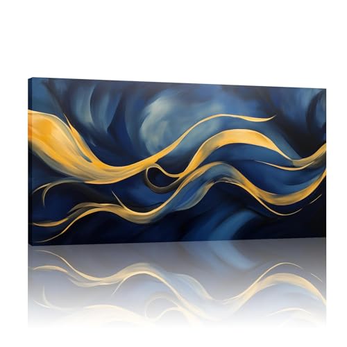 Toile abstraite bleu or de luxe | Tableau marbre doré moderne 80x160cm