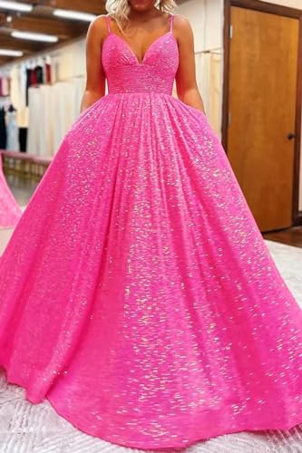 Sequin Prom Dresses with Pockets Spaghetti Straps Deep V Neck Corset Evening Ball Gown for Women3