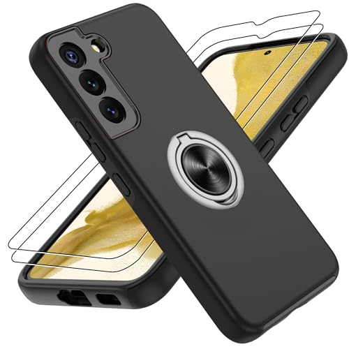 Gritup für Samsung Galaxy S22 Hülle mit 2 Stück Schutzfolie Militärstandard Stoßfeste Handyhülle Robuste Fallschutz Schutzhülle 360 drehbare Metallhalterung Case für Galaxy S22 Schwarz