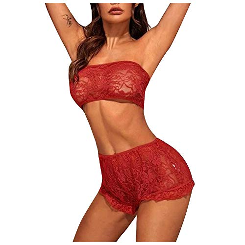 Vêtements sexy dames avec ensemble soutien-gorge shorts rouge transparent
