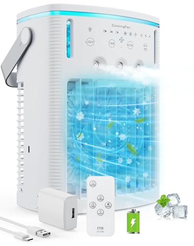 Portable Air Conditioners Rechargeable,5000mAh 3-Speed Small AC Fan,Portable Air Cooler with Remote,Timer function,7-Color Night light,3-Level Mist modes,Personal AC for Office,Camping.