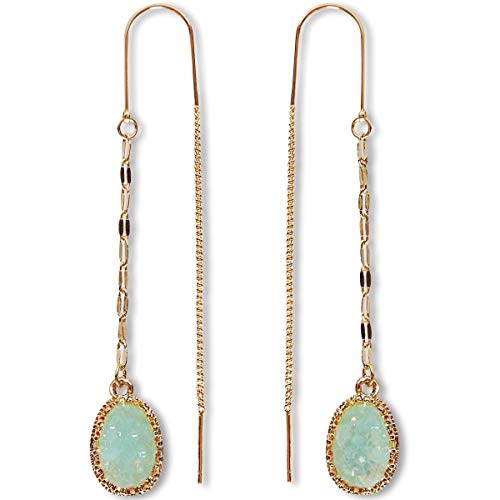Humble Chic Simulated Druzy Chain Bar Threaders - Boho Gold-Tone Long Sparkly Needle Drop Earrings for Women, Aqua, Simulated Aquamarine, Mint, Simulated Jade, Bohemian
